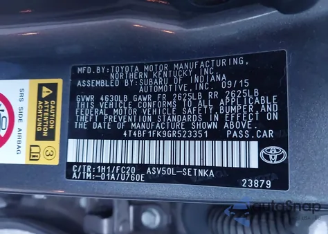 2016 Toyota Camry Le из США, поврежденный, VIN 4T4BF1FK9GR523351